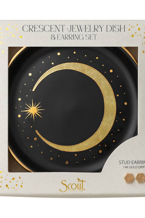 Jewelry dish and earring set packaging with gold crescent moon design on black background