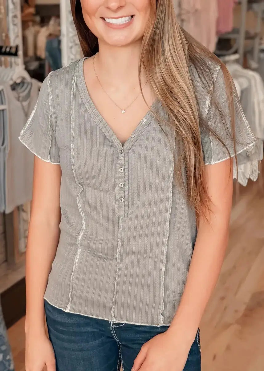 Dust & Drift Ribbed Henley Top GREY