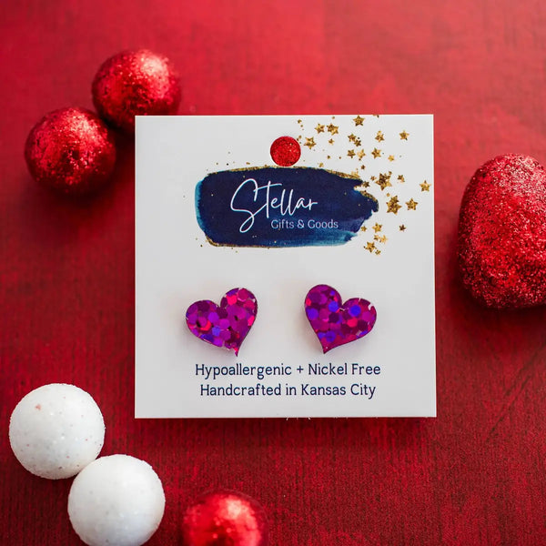 Heart Studs - Fuchsia Hex Glitter Valentines Nickel Free