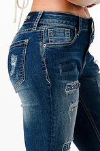 Load image into Gallery viewer, GRACE IN LA Patch Work Distressed Med Blue Mid Rise Skinny Jeans