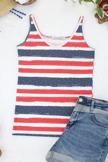 MICHELLE MAE Kennedy Tank - Striped Red, White, and Micro Blue Stars
