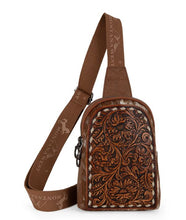 Load image into Gallery viewer, Montana West Floral Tooled Genuine Cowhide Hair-On Trimmed Sling Bag - Brown