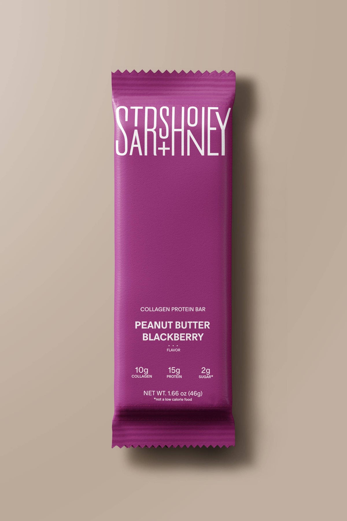 Purple protein bar packaging with 'Sashimi' branding on a beige background