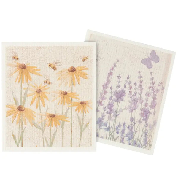 Two square decorative coasters with a textured linen-like finish, one featuring yellow flowers and bees, and the other featuring purple lavender and a butterfly on a cream background.