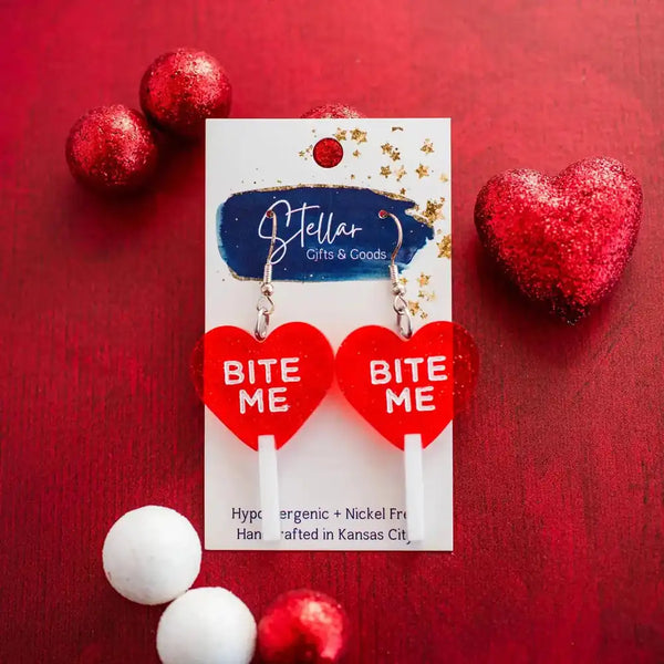 Heart Sucker Earrings - Bite Me Lollipop Dangles Valentines