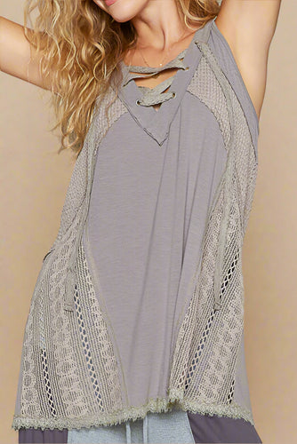 Sagebrush Lace-Up Knit Top – Stone Grey