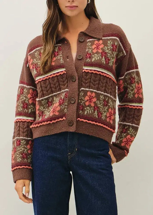 Vintage Floral Jacquard Polo Cardigan