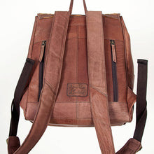 Load image into Gallery viewer, Brown leather backpack with 'American Darling' logo on a white background