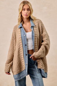 woman wearing sweater denim cardigan