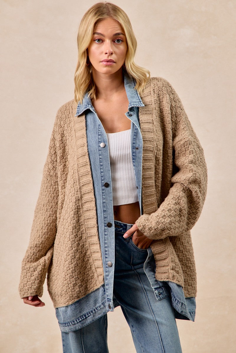 woman wearing sweater denim cardigan