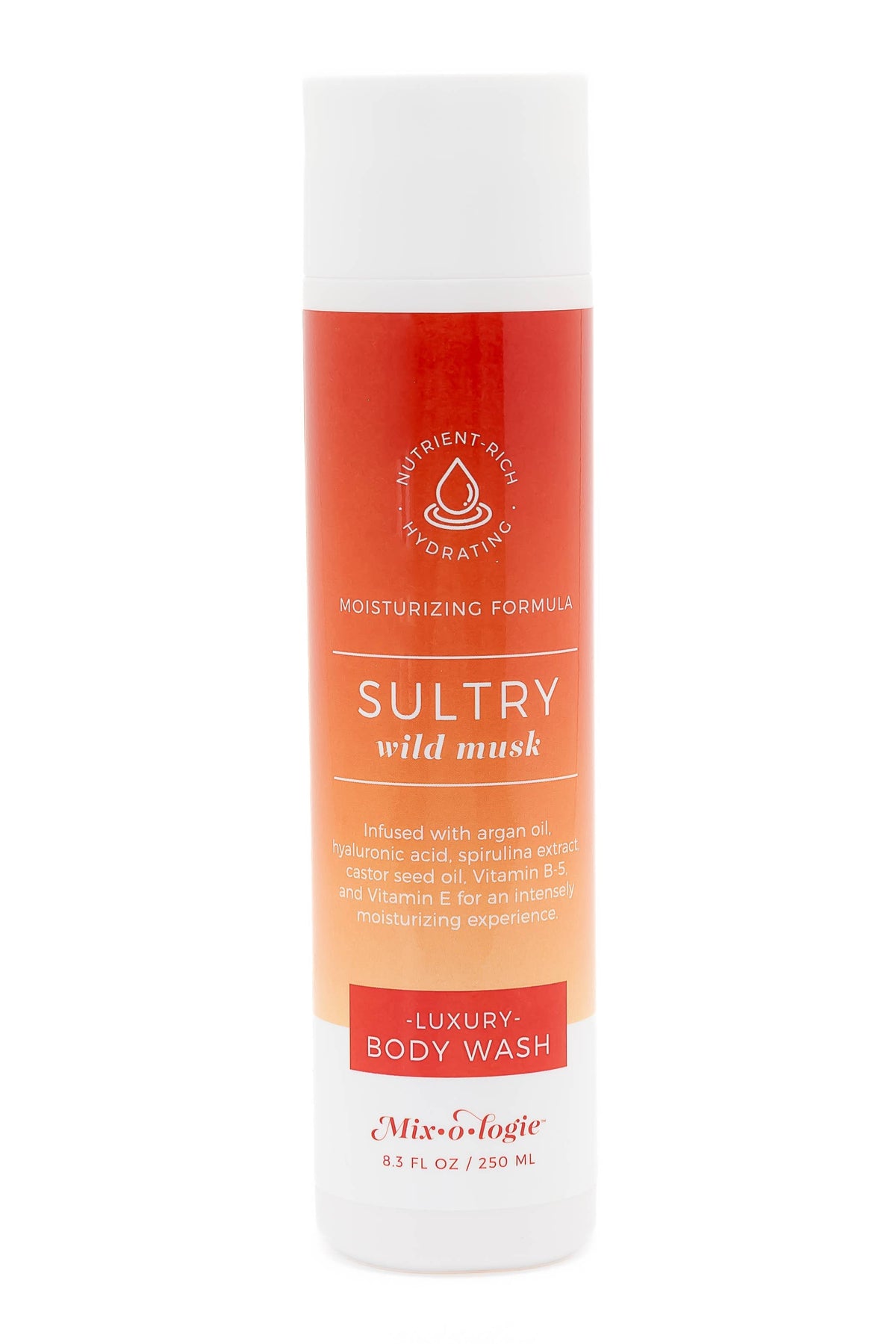Body wash bottle with orange and white design on a white background