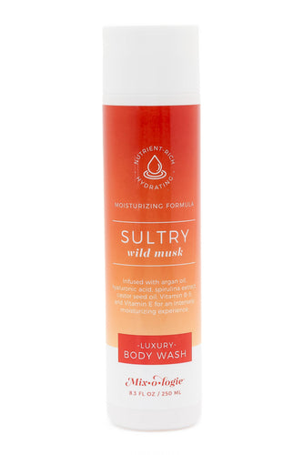 Body wash bottle with orange and white design on a white background