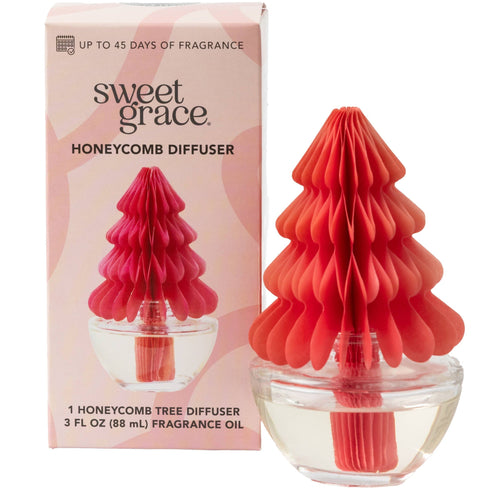 Red honeycomb tree diffuser with packaging labeled 'sweet grace' on a white background