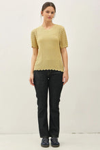 Load image into Gallery viewer, woman wearing yellow short sleeve sweater with grey background