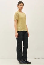 Load image into Gallery viewer, woman wearing yellow short sleeve sweater with grey background