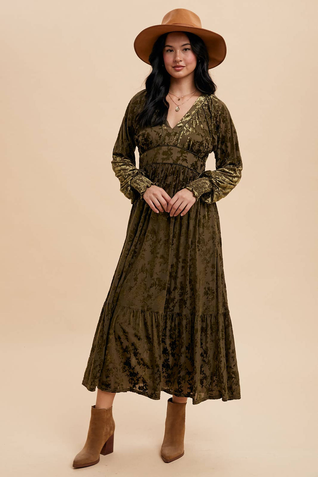 Velvet Burnout Maxi Dress Olive