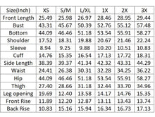 Load image into Gallery viewer, Measurement chart for clothing sizes XS to 3X with various dimensions.