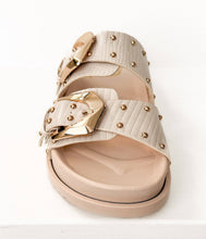 Load image into Gallery viewer, Beige sandal with gold buckles on a white background