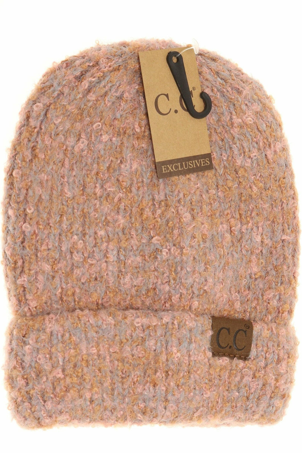 Textured beanie with a brand tag on a white background