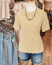 Load image into Gallery viewer, Be Cool - POINTELLE SHORT SLEEVE SWEATER TOP WITH SCALLOP EDGE: Buttermilk