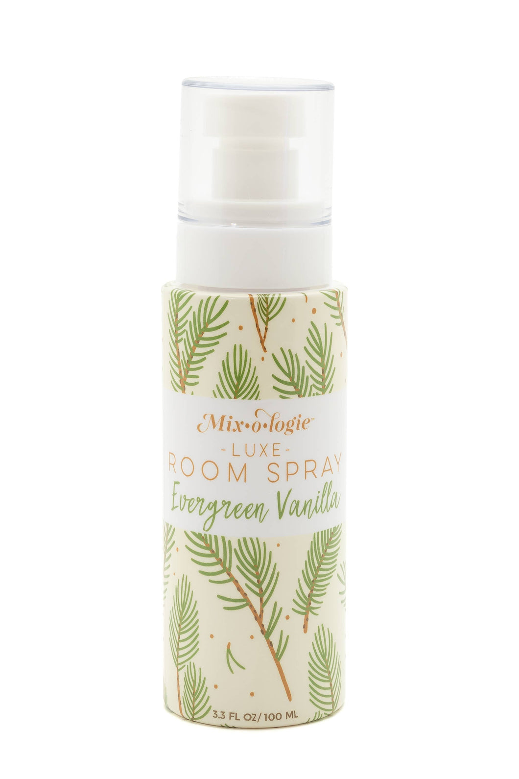 Room spray bottle with green leaf design on a white background