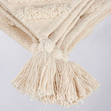 Load image into Gallery viewer, Beige knitted throw blanket with tassels on a light gray background