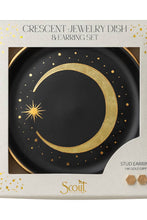 Load image into Gallery viewer, Jewelry dish and earring set packaging with gold crescent moon design on black background