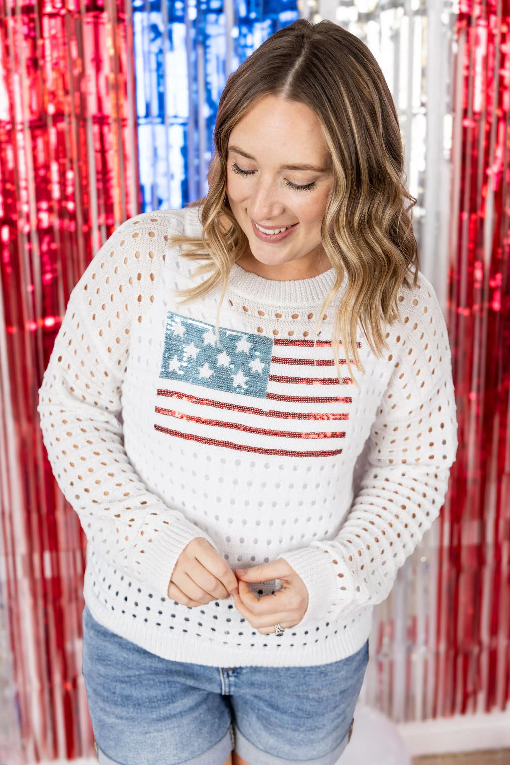 MICHELLE MAE USA Sequin Flag Open Knit Pullover