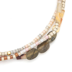 Beaded necklace with various colored beads on a white background