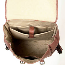 Load image into Gallery viewer, Open brown leather backpack with beige interior on a white background
