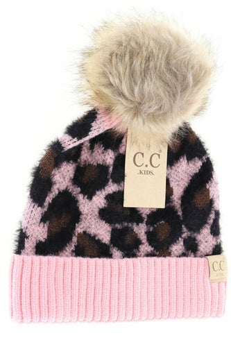 Leopard print beanie with pink trim and fur pom-pom on a white background