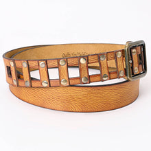 Load image into Gallery viewer, Brown leather belt with wooden buckle and metal studs on a white background