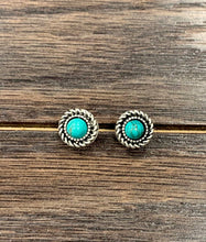 Load image into Gallery viewer, Pair of earrings with turquoise stones on a wooden surface