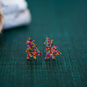 Pink Confetti Glitter Christmas Tree Stud Earrings