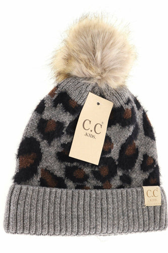 Gray beanie with leopard print and pom-pom, featuring a C.C Kids tag on a white background.
