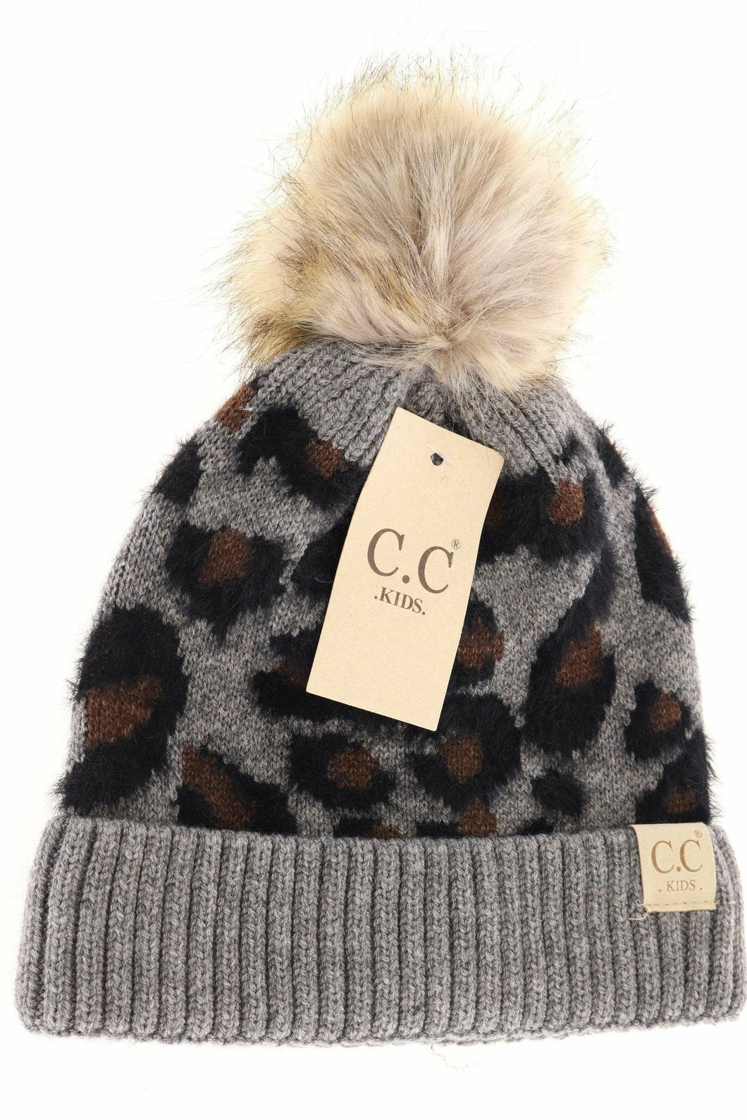 Gray beanie with leopard print and pom-pom, featuring a C.C Kids tag on a white background.