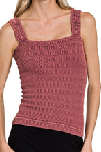 Load image into Gallery viewer, Woman wearing a brick-colored crochet tank top on a white background