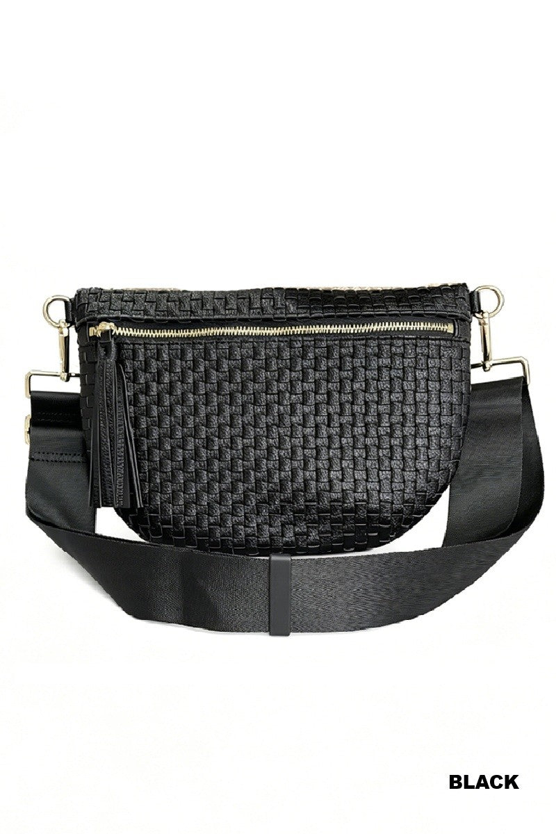 Black woven handbag with a strap on a white background