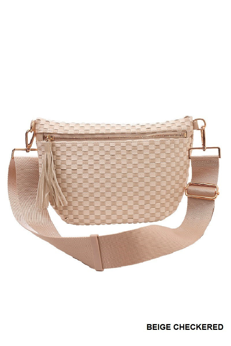 Beige checkered crossbody bag with rose gold accents on a white background