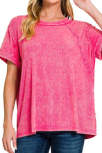 Load image into Gallery viewer, Woman wearing a hot pink t-shirt with blue jeans on a white background