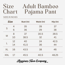 Load image into Gallery viewer, Size chart for adult bamboo pajama pants by American Farm Company