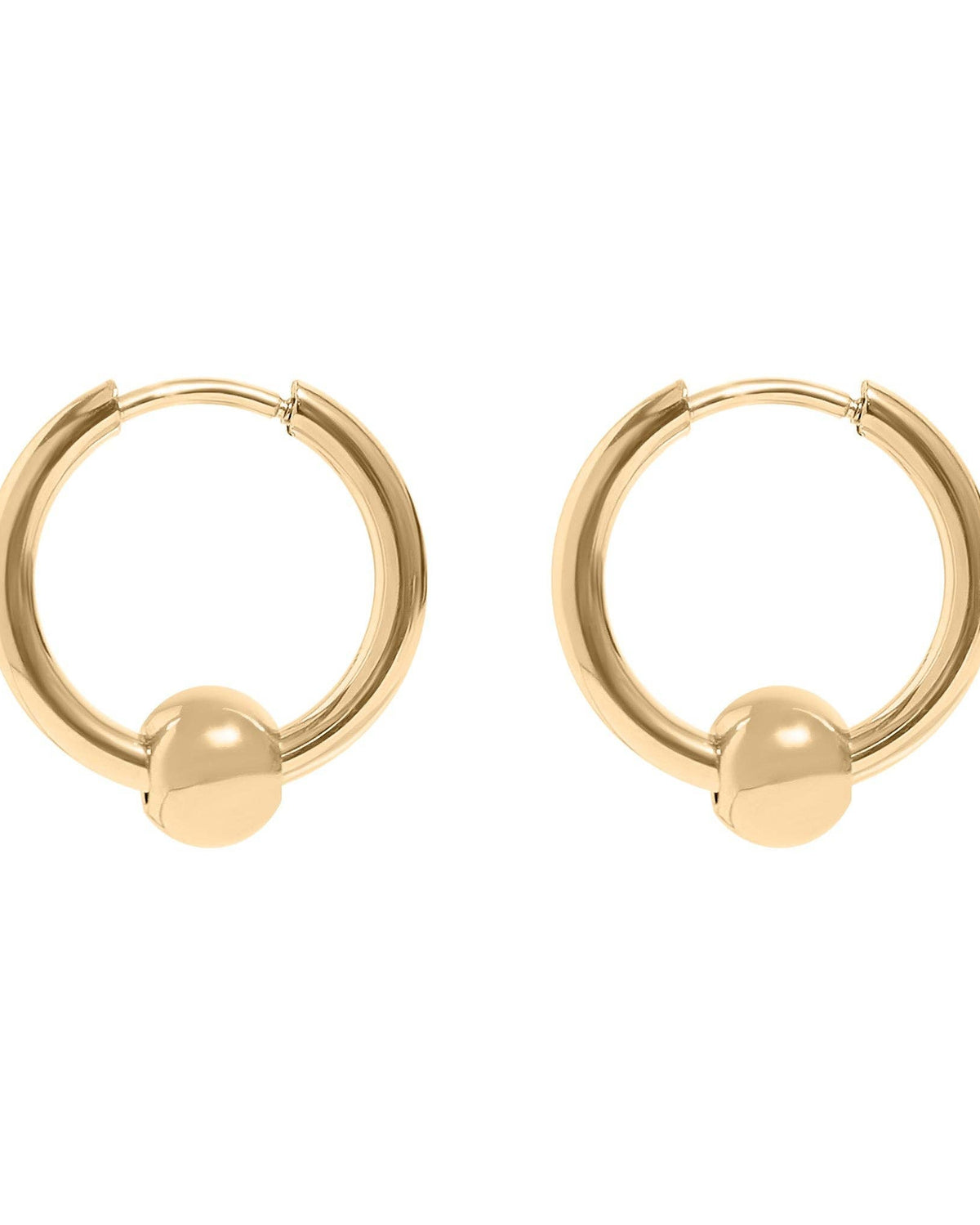 Pair of gold hoop earrings with spherical ends on a white background