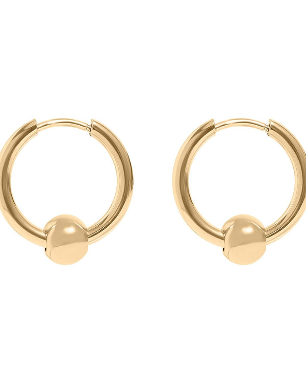 Pair of gold hoop earrings with spherical ends on a white background