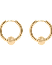 Load image into Gallery viewer, Pair of gold hoop earrings with spherical ends on a white background