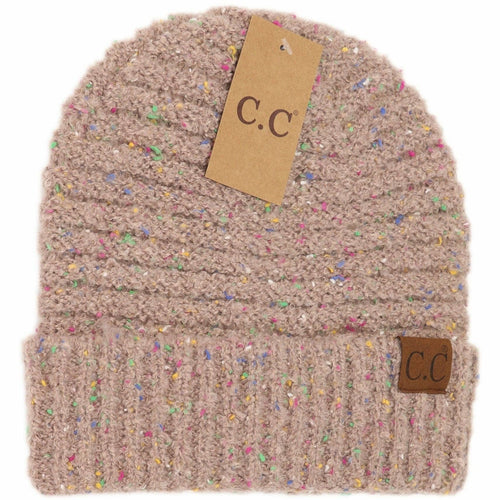 Beige knit beanie with multicolored speckles and 'C.C' label on a white background