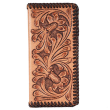 Load image into Gallery viewer, Brown leather wallet with intricate floral embossing on a white background