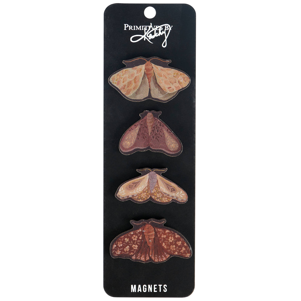 Set of four moth-shaped magnets on a black card with 'Primed by Katy' branding.