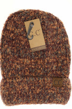 Load image into Gallery viewer, Brown textured knit beanie with a brand tag on a white background