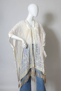 Leto Accessories - Western Velvet Mesh Tapestry Tassel Kimono: Blue