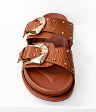 Load image into Gallery viewer, Brown sandal with gold buckles on a white background